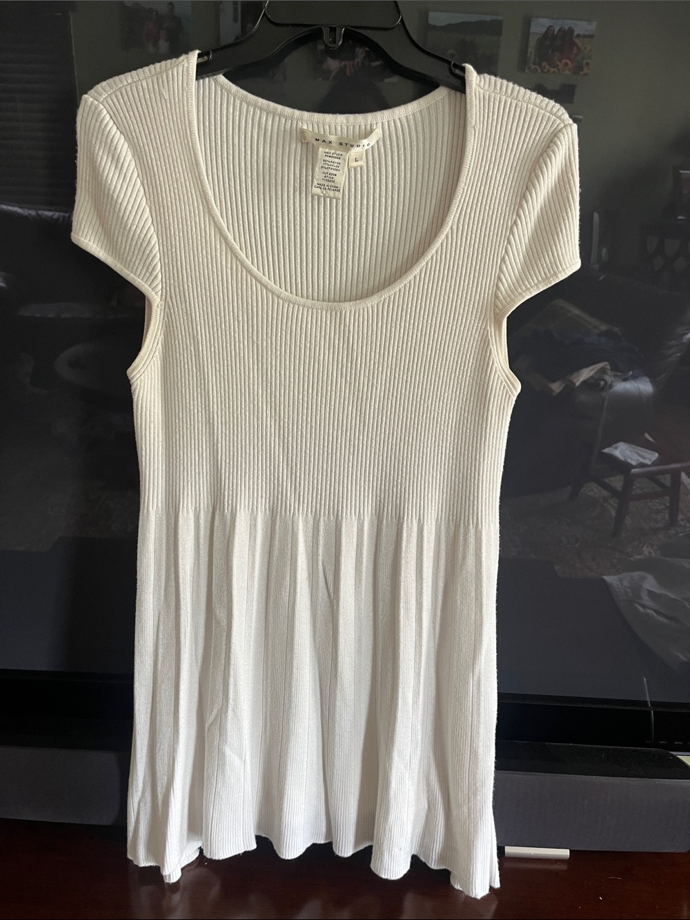 Max Studio White Ribbed Scoop Neck Mini Dress
